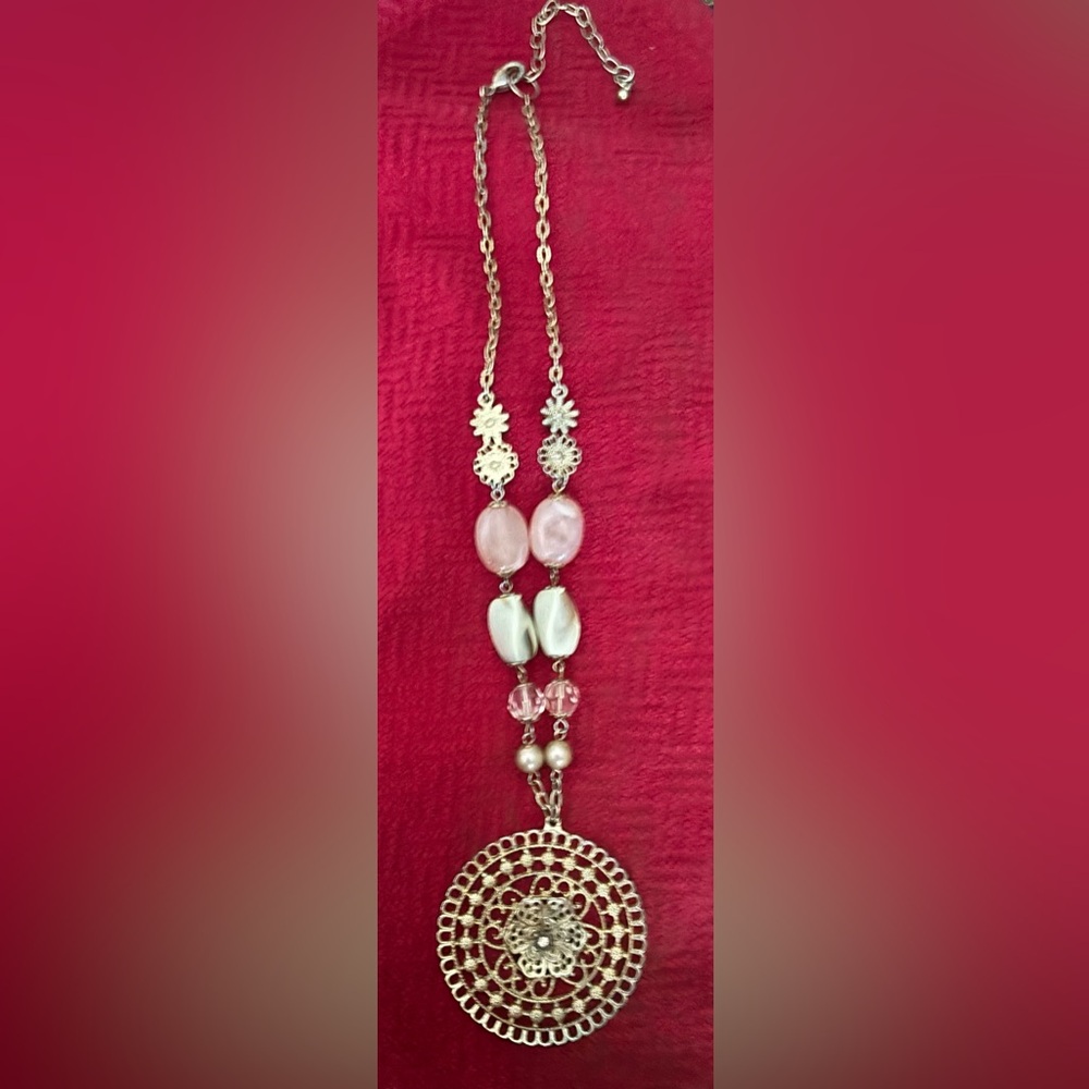 Gold Tone and Pink Filigree Necklace with Pearl Accents